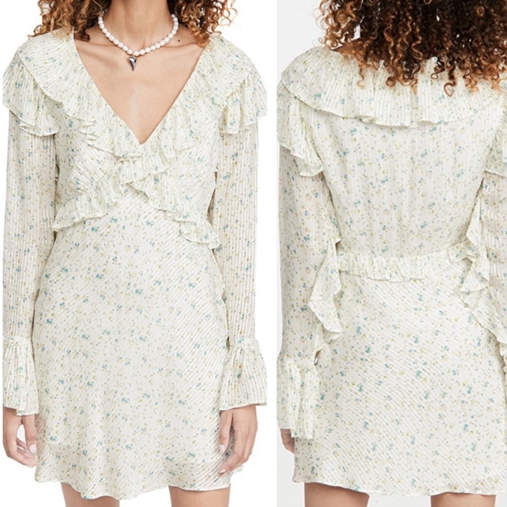 Free People Cream Floral Ruffle Long Sleeve Mini Dress - Picture 2 of 4